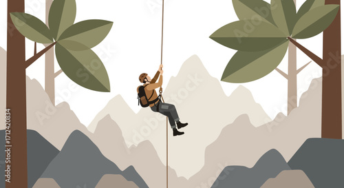 Adventurer Escalating Steep Rope With Lush Vegetation and Majestic Mountainous Scenery