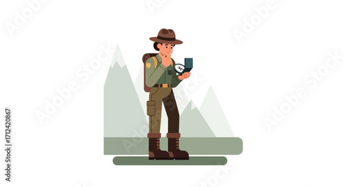 Adventurer Examining Compass Against Mountain Range Background Discovering Direction, Seeking