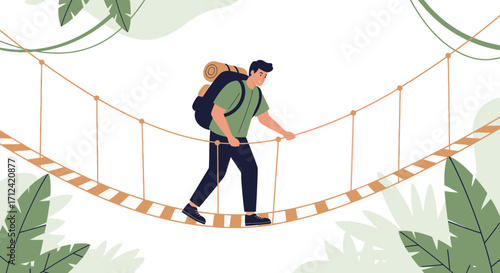 Adventurous Traveler Experiences Cross-Hanging Bridge Amidst Lush Jungle Foliage Illustration