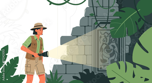 Adventurer Exploring Ancient Ruins Finds Hidden Sanctuary With Flashlight  In Jungle Environment