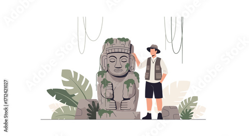 Adventurer Exploring Ancient Sculpture in Exotic Tropical Region with Lush Vegetation