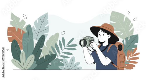 Adventurous Woman Capturing Photos Amidst Lush Foliage and Embracing Exploration