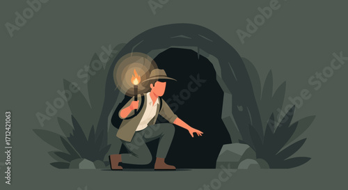 Adventurer Exploring Cave Darkness Illuminated By Torchlight Seeking Hidden Treasures