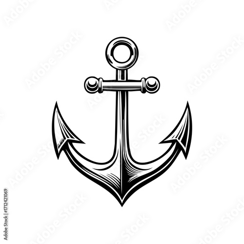 Vintage anchor illustration, nautical symbol, maritime design, detailed black and white engraving style, vector graphic, isolated on white background, classic marine emblem, retro engraving effect
