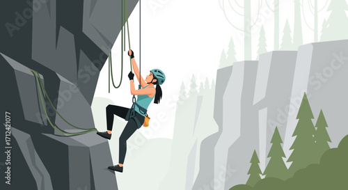 Adventurous Woman Climbing Up Rocky Terrain, Challenging Herself To Reach Higher Heights