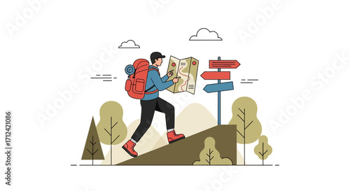 Adventurer Exploring Directions With Map and Signposts in Mountainous Landscape