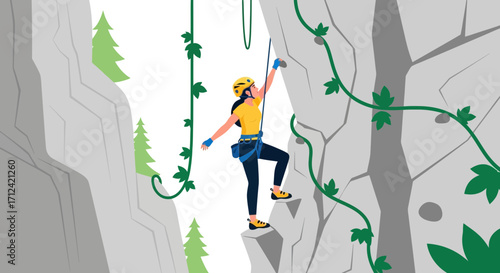 Adventurous Woman Scaling A Dramatic Mountain Cliff Face To Achieve Her Goals