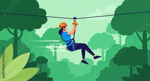 Adventurous Woman Ziplining Through Lush Green Forest Amidst Vibrant Foliage Illustration