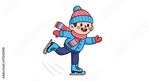 Delightful illustration of a happy young boy confidently ice skating, wearing a cozy winter hat and scarf, perfect for themes of seasonal joy and outdoor recreation