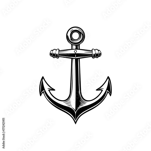 Vintage anchor illustration, nautical symbol, maritime design, detailed black and white engraving style, vector graphic, isolated on white background, classic marine emblem, retro engraving effect