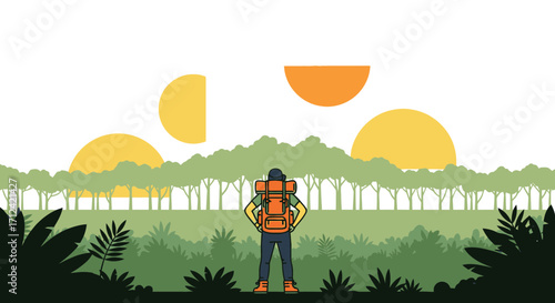 Adventurer Gazing At The Lush Forest, Hiking With A Backpack, Travel In Nature