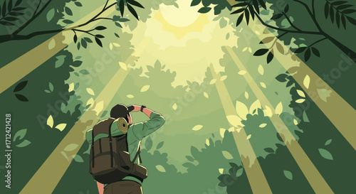 Adventurer Gazing At The Sun, Amidst The Sunbeams, In Verdant Canopy, A Delightful Scene