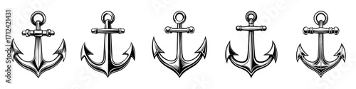 Vintage anchor illustration, nautical symbol, maritime design, detailed black and white engraving style, vector graphic, isolated on white background, classic marine emblem, retro engraving effect