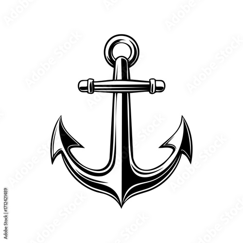 Vintage anchor illustration, nautical symbol, maritime design, detailed black and white engraving style, vector graphic, isolated on white background, classic marine emblem, retro engraving effect
