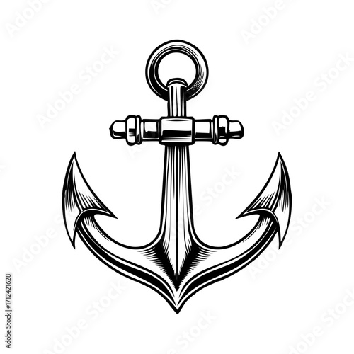 Vintage anchor illustration, nautical symbol, maritime design, detailed black and white engraving style, vector graphic, isolated on white background, classic marine emblem, retro engraving effect