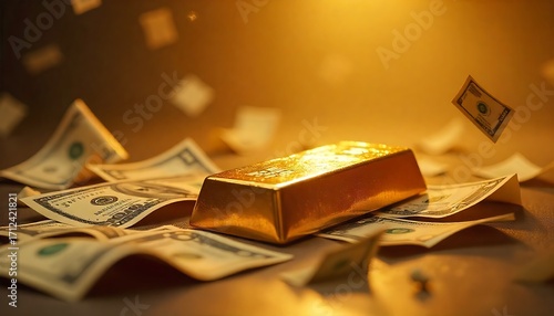 Stunning gold bar surrounded by flying dollar bills creating a powerful symbol of wealth and prosperity
