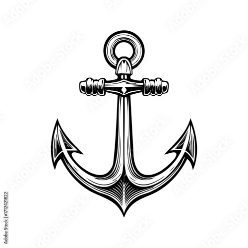 Vintage anchor illustration, nautical symbol, maritime design, detailed black and white engraving style, vector graphic, isolated on white background, classic marine emblem, retro engraving effect