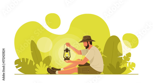 Adventurer Holding a Lit Lamp, Sitting Amongst Greenery, Finding Illumination