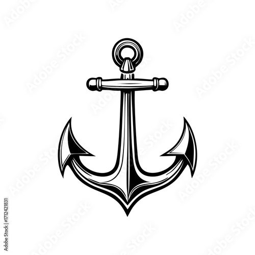 Vintage anchor illustration, nautical symbol, maritime design, detailed black and white engraving style, vector graphic, isolated on white background, classic marine emblem, retro engraving effect
