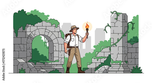 Adventurer Illuminated: Exploring Ruined Architecture With A Fiery Torch In Hand