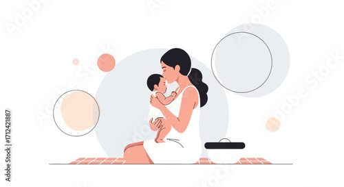Affectionate Mother Embracing Newborn Baby in Serene Artistic Composition on White Background