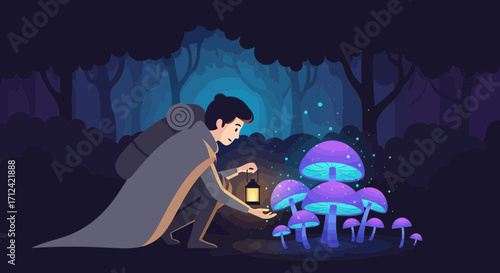 Adventurer Illuminating Rare Glowing Fungus in Enchanting Mysterious Dark Forest