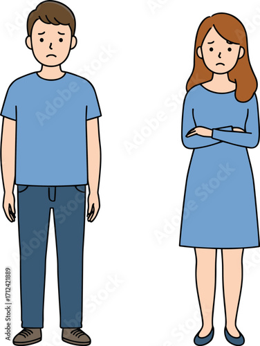 Sad couple illustration, unhappy man and woman, relationship conflict, emotional expression, cartoon characters, flat style design, argument scene, vector art