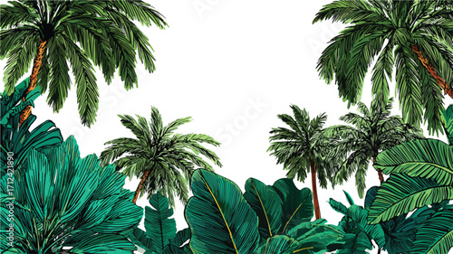 Exotic Tropical Leaves Background with Palm Tree Jungle Foliage