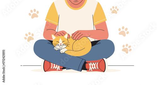 Affectionate Person Cuddling Orange Cat in Peaceful Moment with Paw Prints