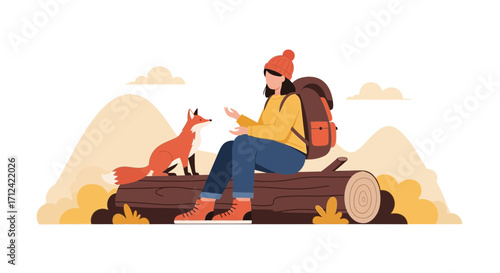 Adventurer Interacts With Friendly Fox Amidst Autumnal Mountainous Landscape