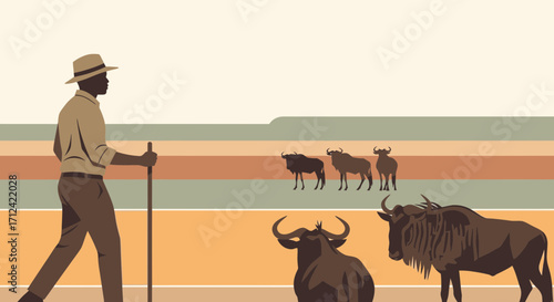 African Herdsman Walking With Cattle Herd in Savannah Environment With Abstract Design