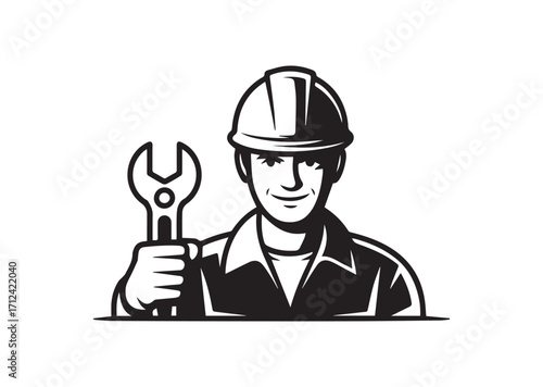 Man in helmet and wrench line art Vector