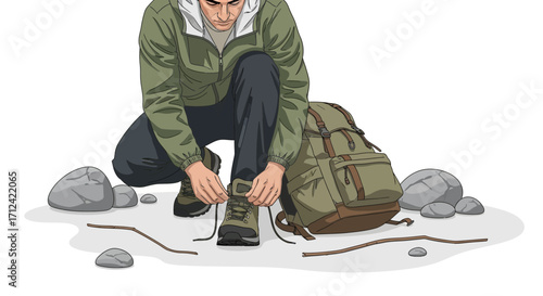 Adventurer Kneeling Tying Bootlaces Preparing Exploration With Backpack Ready