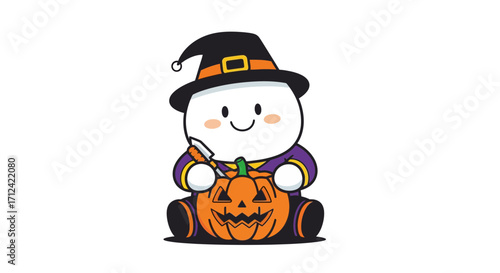 Adorable Halloween Character Carving a Pumpkin with a Knife