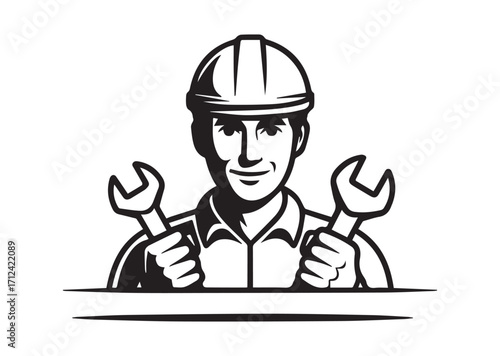 Man in helmet and wrench line art Vector
