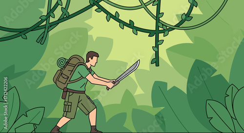 Adventurer Navigating Lush Jungle Foliage While brandishing his Machete for Exploration