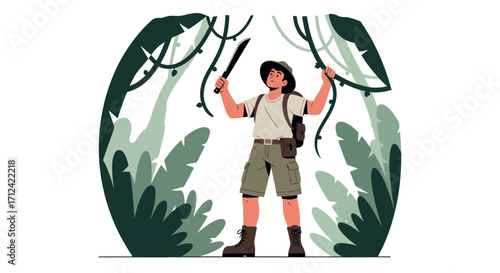 Adventurer Navigating Lush Tropical Jungle Holding Machete and Exploring Nature