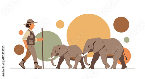 African Wildlife Ranger Walking With Elephants Against Geometric Colored Backdrops