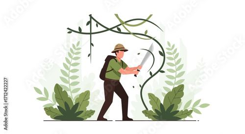 Adventurer Navigating Lush Jungle With Machete And Backpack For Exploration Journey Pictures