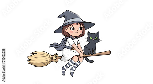 Charming young witch and her loyal black cat soaring through the air on a magical broomstick, embodying a whimsical and festive fantasy adventure concept