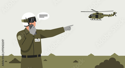 Airborne Operations Controller Directing Helicopter Flight Operations In Military Scenario