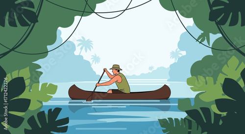 Adventurer Navigating Tropical Waters, Exploring Lush Landscape in a Canoe