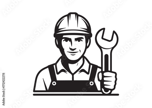 Man in helmet and wrench line art Vector