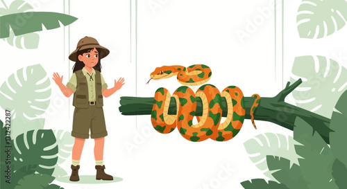 Amazed Explorer Staring At A Large Python In Its Natural Tropical Habitat Setting