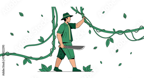 Adventurer Navigating Thickets, Holding Machete and Traversing Lush Tropical Vegetation