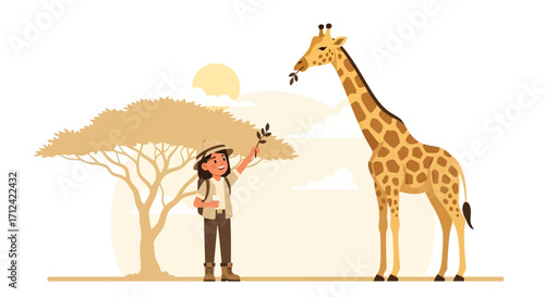 An Adventurous Young Explorer Interacting With A Graceful Giraffe In The Savanna