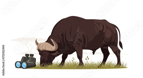 An African Cape Buffalo Grazing Adjacent To Binoculars In A Vector Illustration