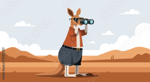 An Animated Australian Kangaroo Wearing Sunglasses Observing The Desert Through Binoculars