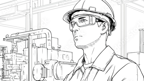 Professional Factory Worker Outline Vector Illustration with Industrial Machines
