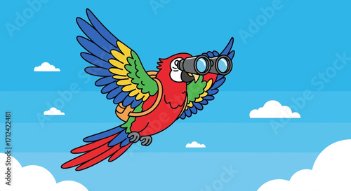 An Animated Parrot Observing The Horizon Through Binoculars While Soaring Across Skies